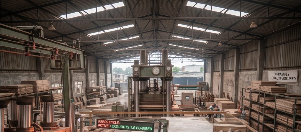 Wide plywood production line inside the factory
